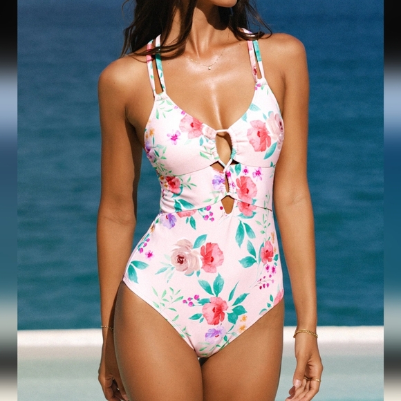 NWT Cupshe pink floral one piece swimsuit summer Relaxed, full stretch sz XL. - Picture 1 of 15